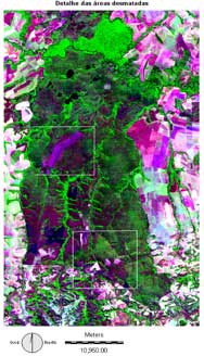 Foto do satélite TM Landsat com detalhe das áreas desmatadas na Terra Indígena Sangradouro. Agradecimentos Ariovaldo Umbelino de Oliveira.