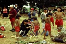 Velho prepara wedehori´wa (iniciante) com penas de arara. Foto Tadeu Oliveira